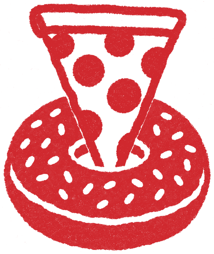 A slice of pepperoni pizza standing in a sesame bagel